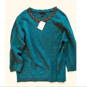 Lands' End Teal Crewneck Wool Blend Sweater with Embellished Scoop
